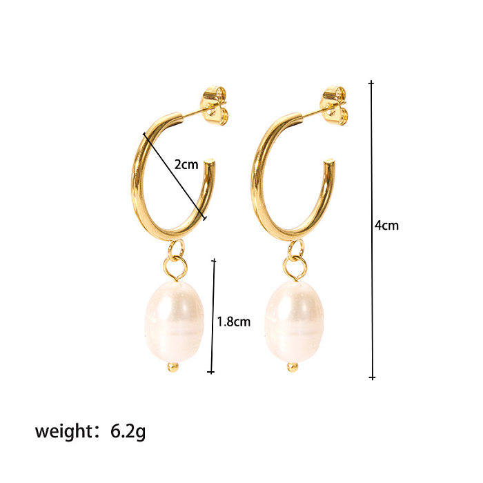 1 par de pendientes chapados en oro con perlas de agua dulce de acero inoxidable con revestimiento geométrico para mujer
