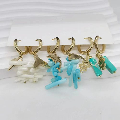 3 Pairs Retro Solid Color Stainless Steel  Natural Stone Drop Earrings