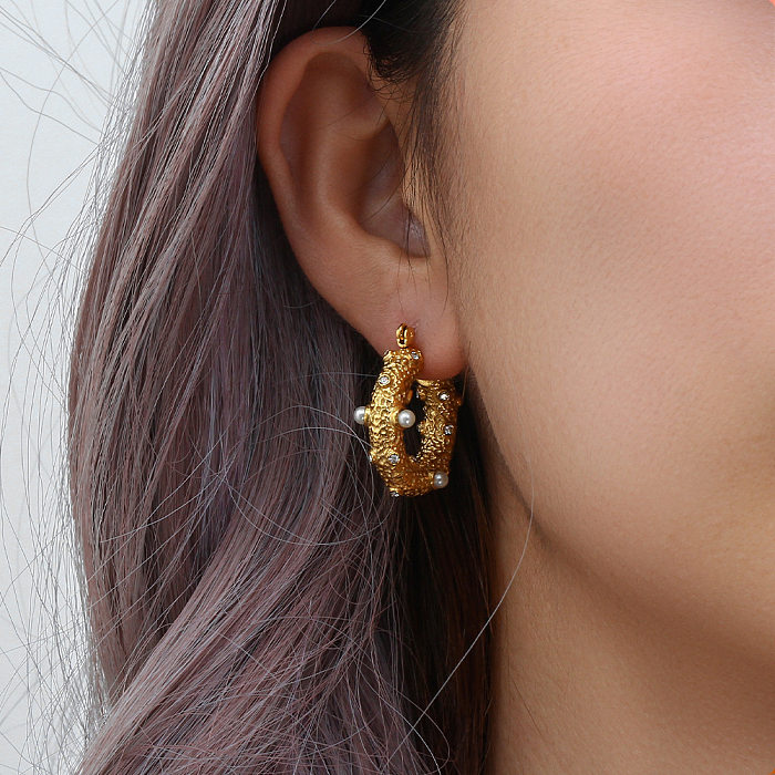 Boucles d'oreilles géométriques rétro en acier inoxydable, placage de perles artificielles, Zircon, boucles d'oreilles en acier inoxydable