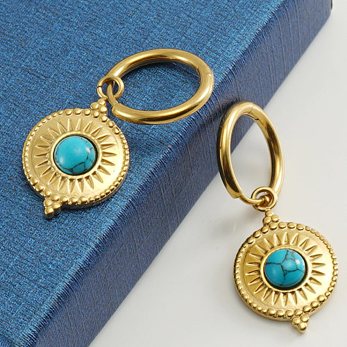 Classic Style Flower Stainless Steel  Plating Inlay Turquoise 18K Gold Plated Drop Earrings