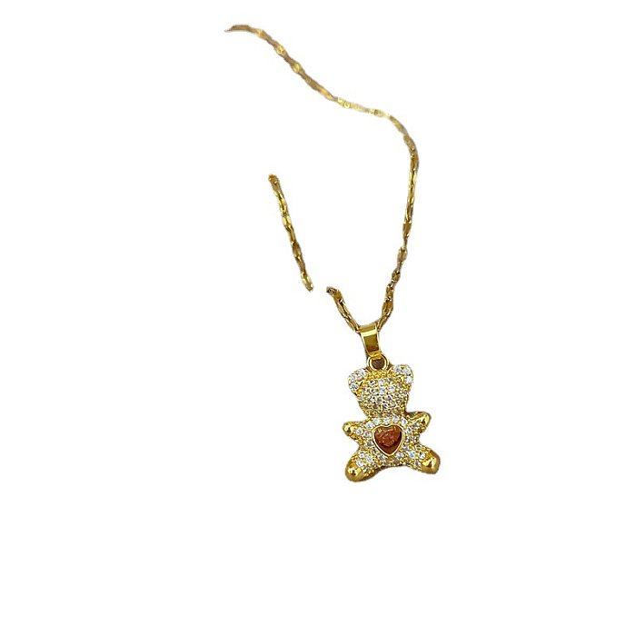 Casual Cute Bear Stainless Steel Copper Plating Inlay Zircon Pendant Necklace