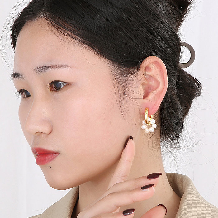 1 Pair Vintage Style French Style Round Pearl Plating Stainless Steel  Drop Earrings
