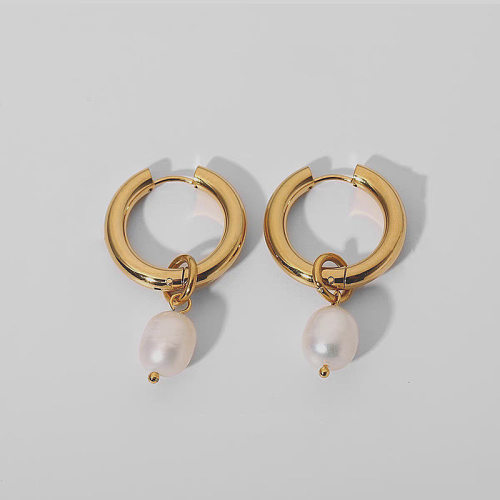 Boucles d'oreilles pendantes rondes en acier inoxydable plaqué perles, 1 paire, à la mode