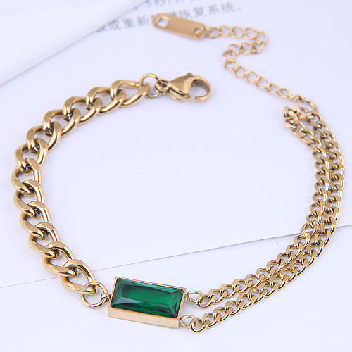 Modisches, einfaches Armband aus Titanstahl mit Metallkette und grünem Edelstein