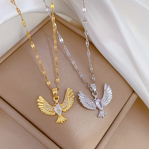 Collar con colgante de diamantes de imitación con incrustaciones de cobre y acero inoxidable con diseño de pájaro retro