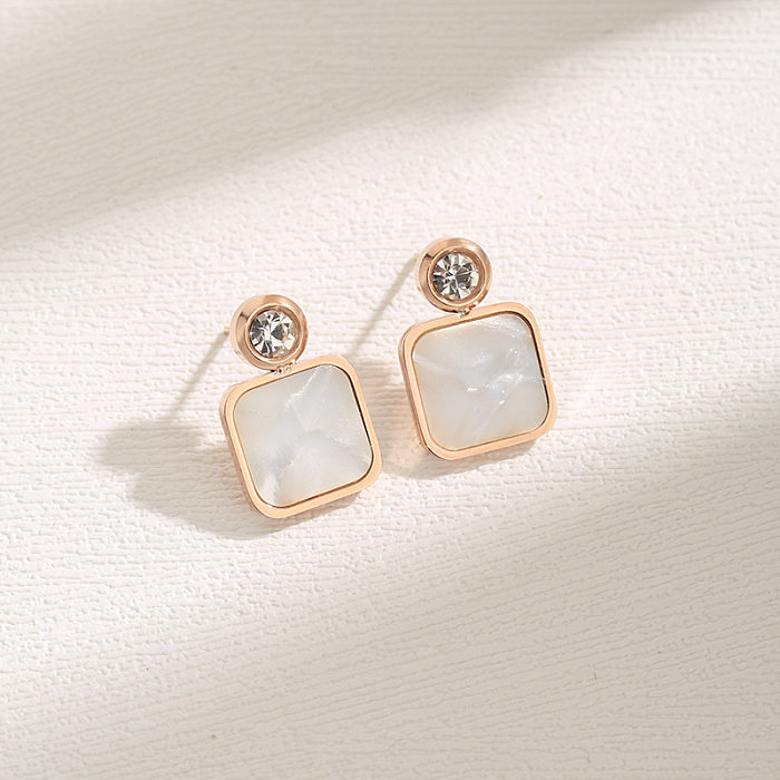 1 Pair Elegant Glam Lady Square Inlay Stainless Steel  Shell Zircon 18K Gold Plated Ear Studs