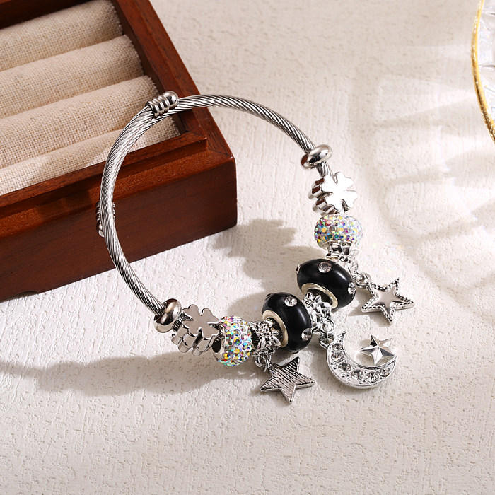 Bracelet en alliage d'acier inoxydable, élégant et mignon pentagramme lune, incrustation de perles et strass, vente en gros