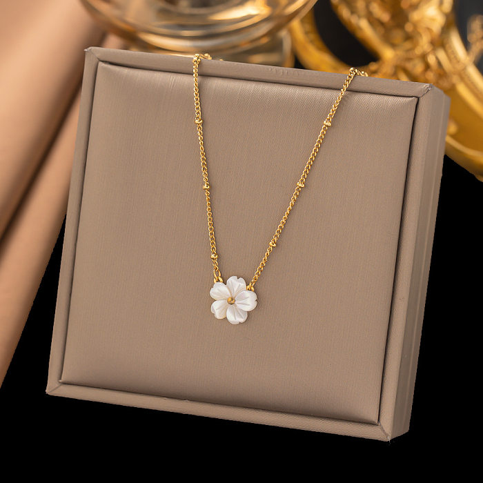 Sweet Flower Stainless Steel Plating Inlay Artificial Pearls Artificial Diamond Shell Pendant Necklace