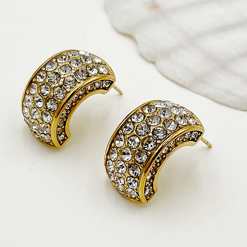 1 Paar glamouröse C-förmige vergoldete Ohrringe mit Inlay aus Edelstahl und Strasssteinen