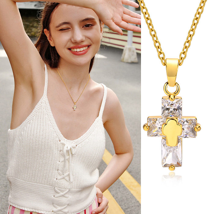 INS Style Casual Cross Stainless Steel  Plating Inlay Zircon 18K Gold Plated Necklace Pendant