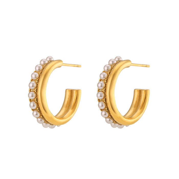 1 Pair Shiny C Shape Stainless Steel  Plating Inlay Rhinestones Pearl 18K Gold Plated Ear Studs