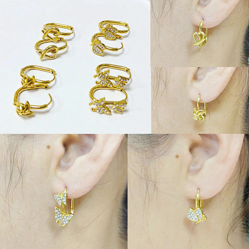 1 Paar schlichte Ohrringe in Herzform mit Schmetterlingsbeschichtung, Edelstahl, künstliche Edelsteine, 18 Karat vergoldet