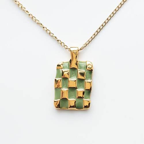 Fashion Plaid Rectangle Stainless Steel  Enamel Gold Plated Pendant Necklace 1 Piece