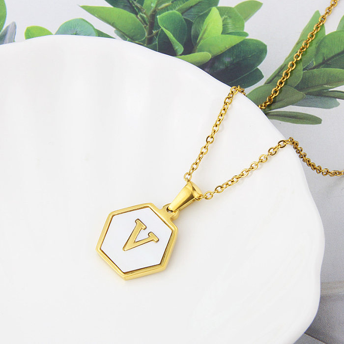 Collier en acier inoxydable avec pendentif en forme de coquille blanche hexagonale Simple, vente en gros de bijoux, 26 lettres