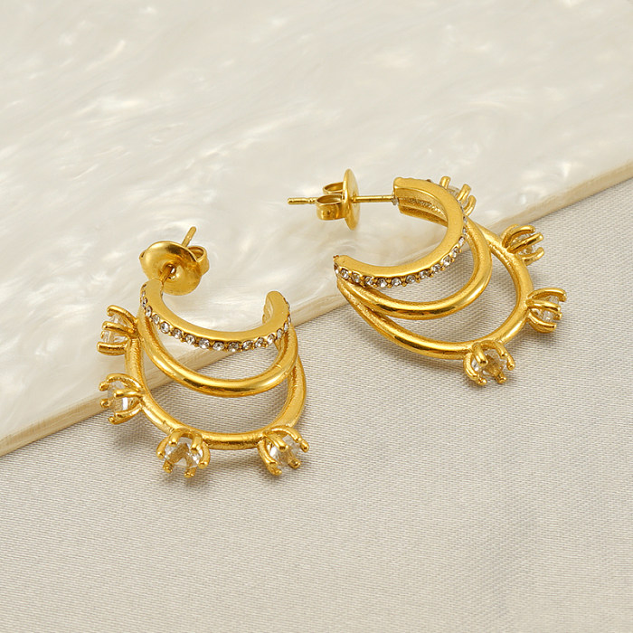 1 Pair Elegant C Shape Solid Color Polishing Plating Inlay Stainless Steel  Zircon 18K Gold Plated Ear Studs