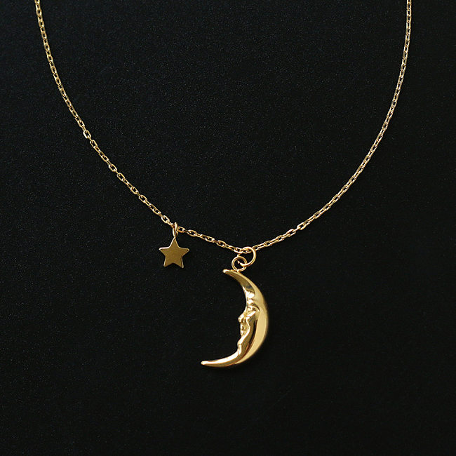 18K Retro Crescent Moon Star Titanium Necklace Wholesale jewelry
