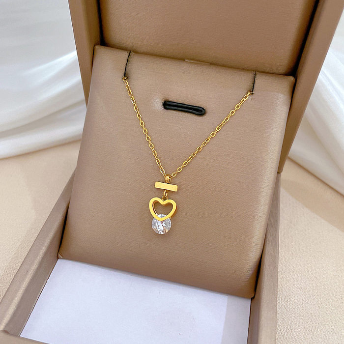 Collier pendentif plaqué or en Zircon avec incrustation de placage en acier inoxydable en forme de cœur pour dame