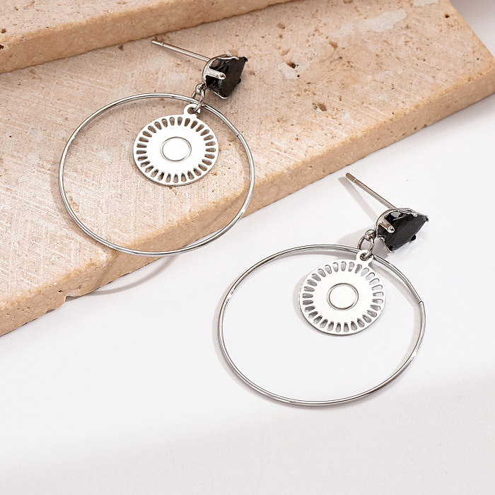 1 Pair Elegant Circle Inlay Stainless Steel  Zircon Drop Earrings
