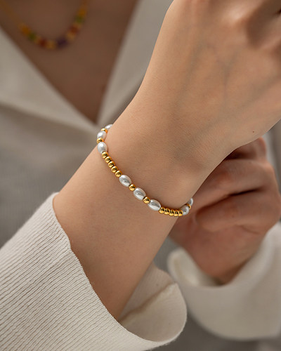 Bracelets ronds en acier inoxydable, 1 pièce, plaqués perles, à la mode