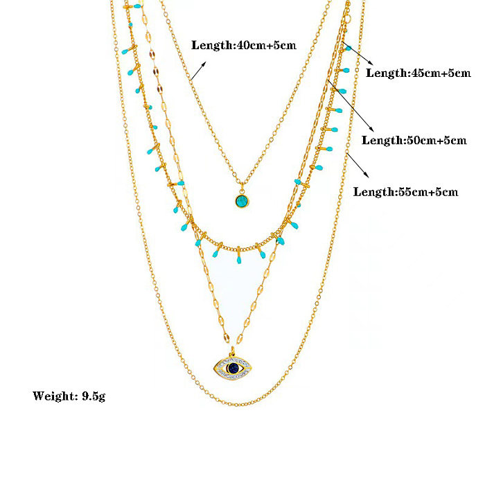 Elegant Retro Round Devil'S Eye Stainless Steel Inlay Turquoise Zircon Layered Necklaces