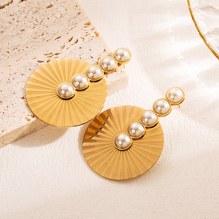 1 Pair Elegant Exaggerated Leaves Flower Stainless Steel  Three-dimensional Hollow Out Pearl 18K Gold Plated Drop Earrings