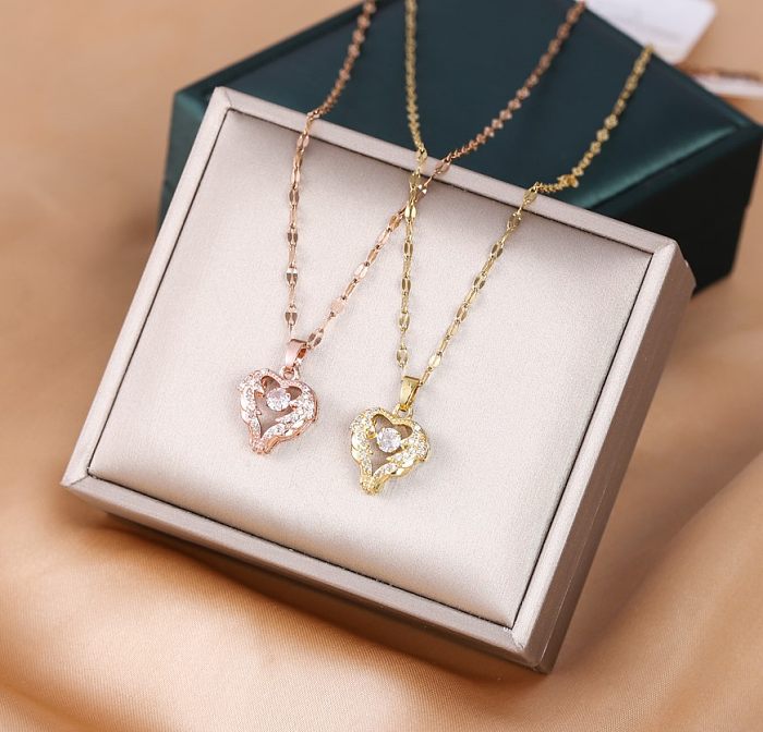 Sweet Heart Shape Stainless Steel Inlay Zircon Pendant Necklace 1 Piece