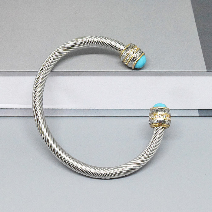 Bracelet rétro en forme de C, incrustation en acier inoxydable, perles en pierre naturelle, câble torsadé