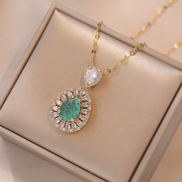 Simple Style Shiny Water Droplets Stainless Steel Plating Inlay Zircon Pendant Necklace