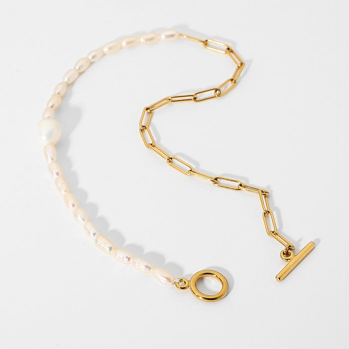 Collier Simple en acier inoxydable avec boucle OT 18 carats, perles naturelles, vente en gros de bijoux
