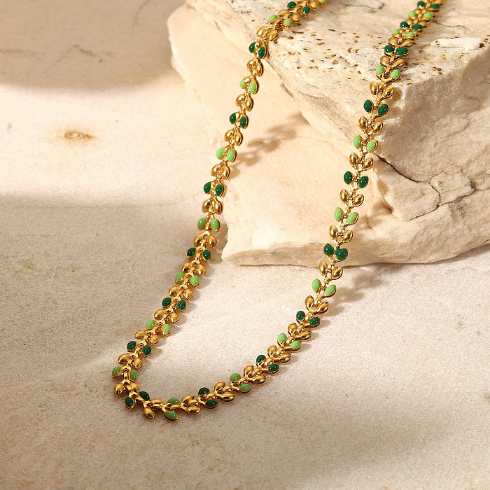 Modische Damen-Edelstahl-Halskette aus 18-karätigem Gold mit grünen Tropfen und Olivenblättern
