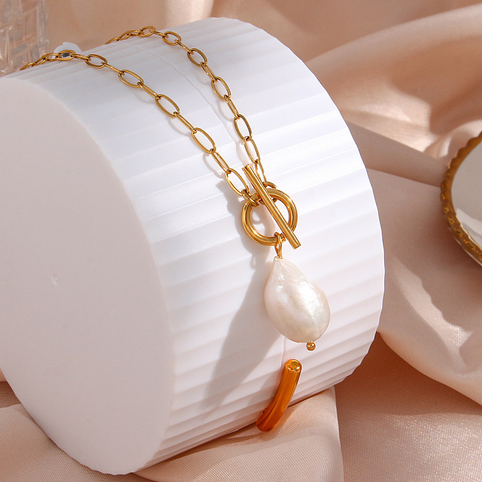 Collier avec pendentif à bascule en perles d'eau douce, Style Vintage élégant, irrégulier en acier inoxydable