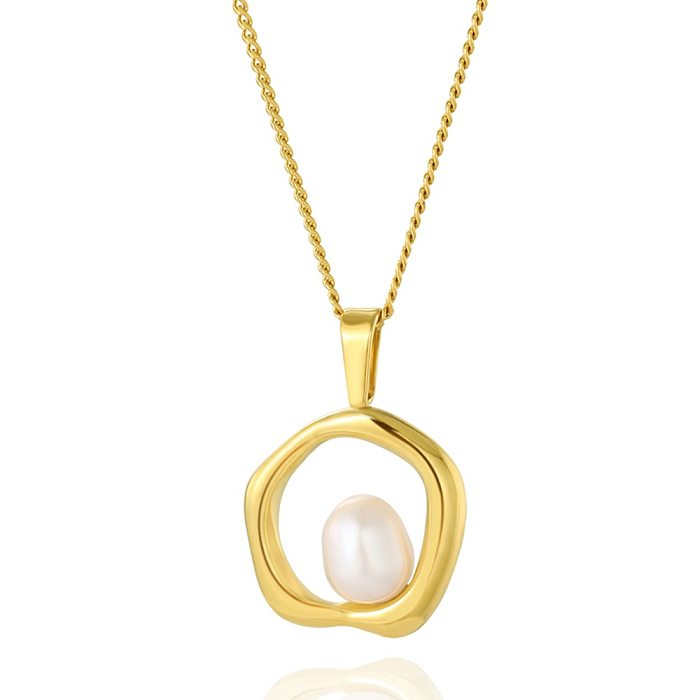 IG Style Round Stainless Steel  Freshwater Pearl Plating 18K Gold Plated Pendant Necklace