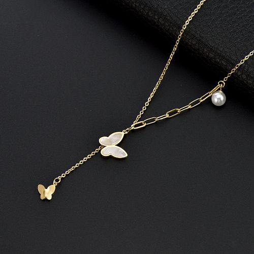 Lady Butterfly Stainless Steel Plating Inlay Shell Pendant Necklace