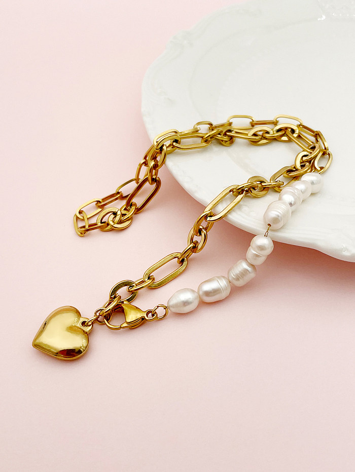 Collar con colgante chapado en oro, estilo vintage, informal, con forma de corazón, de acero inoxidable, chapado en perlas