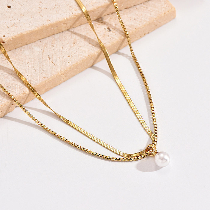 Runde, mehrschichtige Halsketten im modernen Stil aus Edelstahl mit Perlenbeschichtung und 14-Karat-Vergoldung