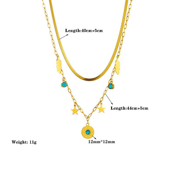 Retro Round Stainless Steel Plating Inlay Turquoise Layered Necklaces