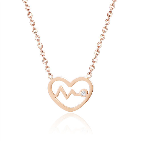 Casual Simple Style Classic Style Electrocardiogram Heart Shape Stainless Steel  Stainless Steel Plating Hollow Out Inlay Diamond Rose Gold Plated Pendant Necklace