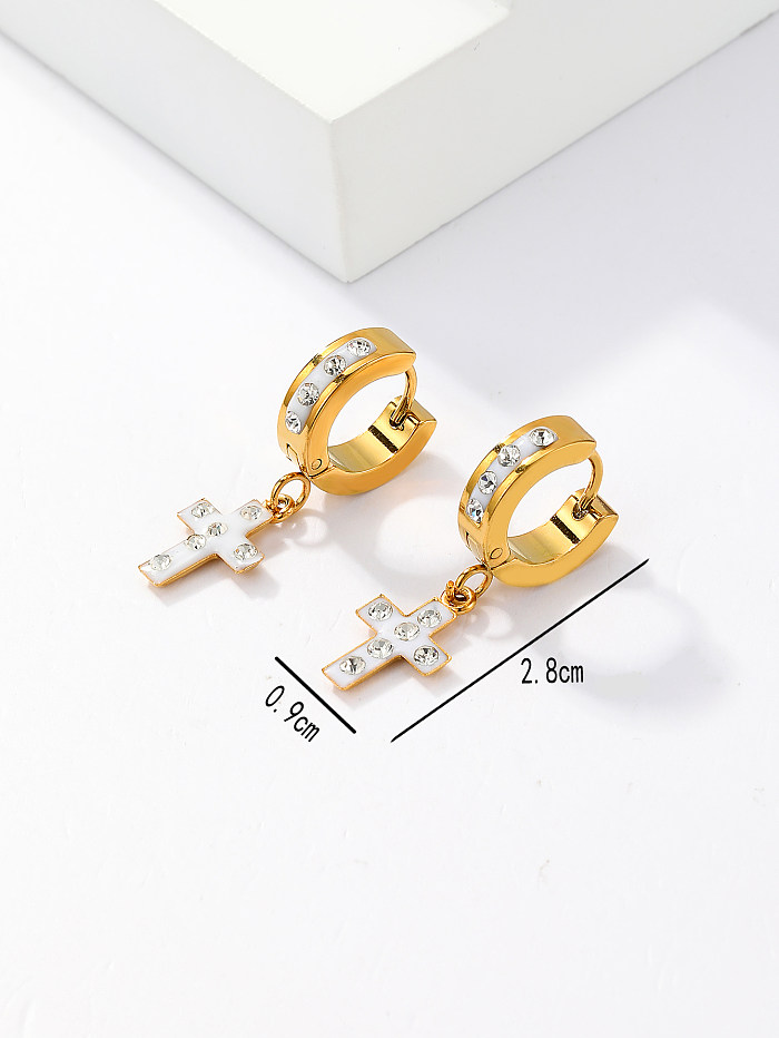 1 Paar künstlerische Kreuz-Ohrringe mit Intarsien und Strasssteinen aus Edelstahl