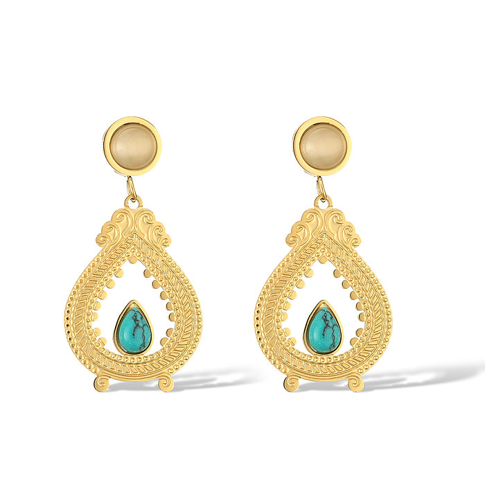 1 Pair Lady Streetwear Sun Heart Shape Plating Inlay Stainless Steel Turquoise 18K Gold Plated Drop Earrings