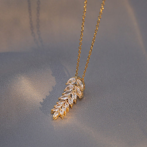 Novelty Leaf Stainless Steel Inlay Zircon Pendants Pendant Necklace