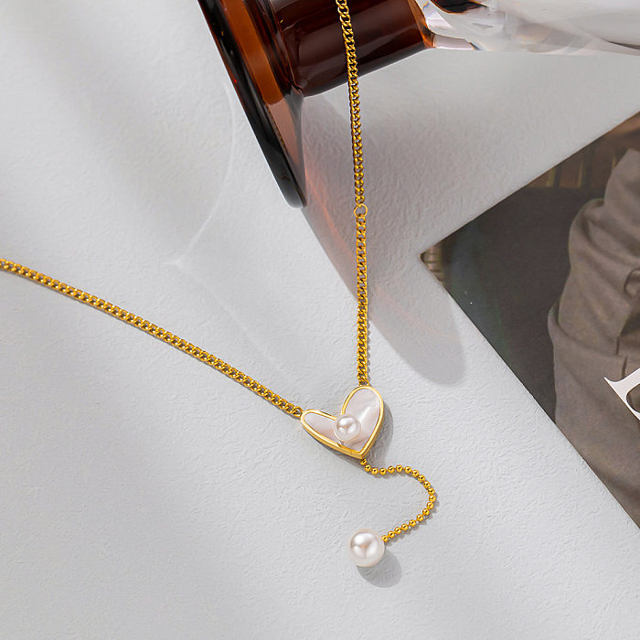 Simple Style Heart Shape Imitation Pearl Stainless Steel Plating Inlay Shell Pendant Necklace