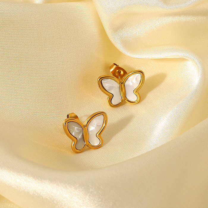 Fashion 18K Gold Natural White Shell Butterfly Shape Stainless Steel  Stud