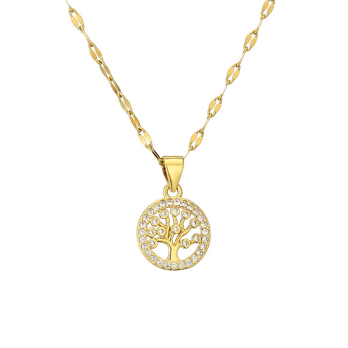 Casual Simple Style Cross Tree Stainless Steel  Copper Plating Hollow Out Inlay Zircon Gold Plated Pendant Necklace
