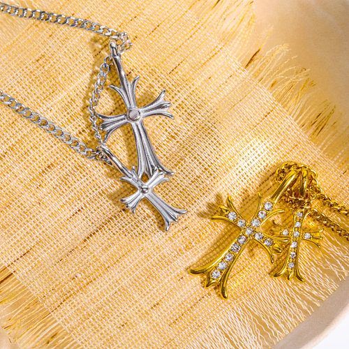 Retro Streetwear Cross Stainless Steel Plating Inlay Zircon 18K Gold Plated Pendant Necklace