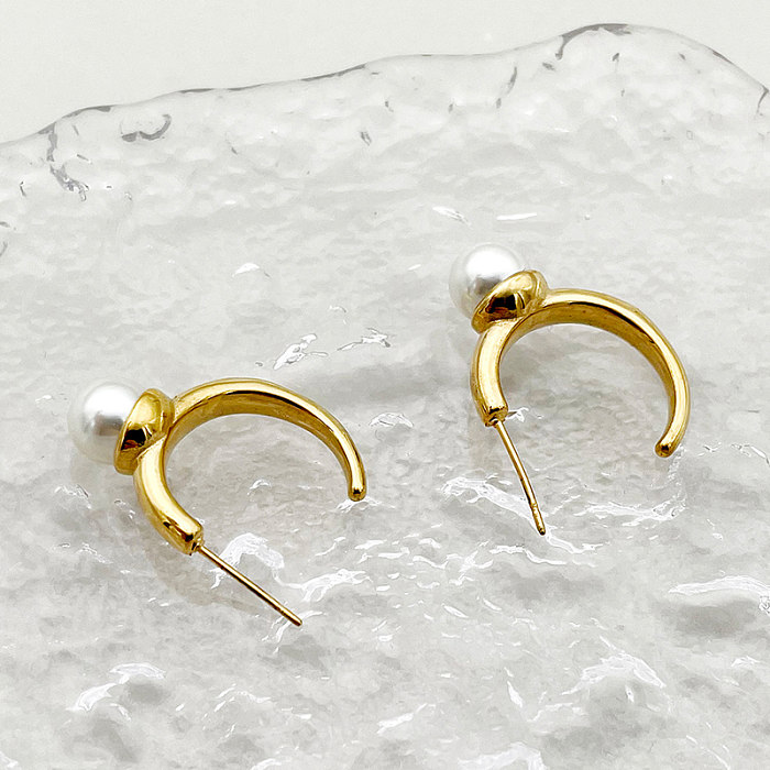 1 Pair Casual Simple Style C Shape Plating Inlay Stainless Steel  Shell Pearls Gold Plated Ear Studs