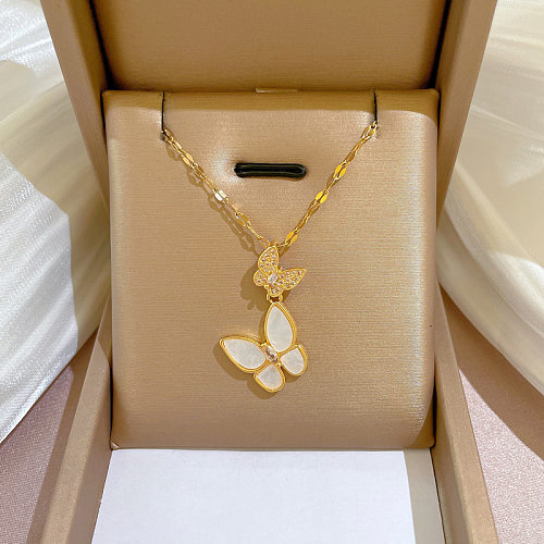 Modische Schmetterlings-Halskette mit Anhänger aus Edelstahl und Kupfer-Inlay mit künstlichem Diamant