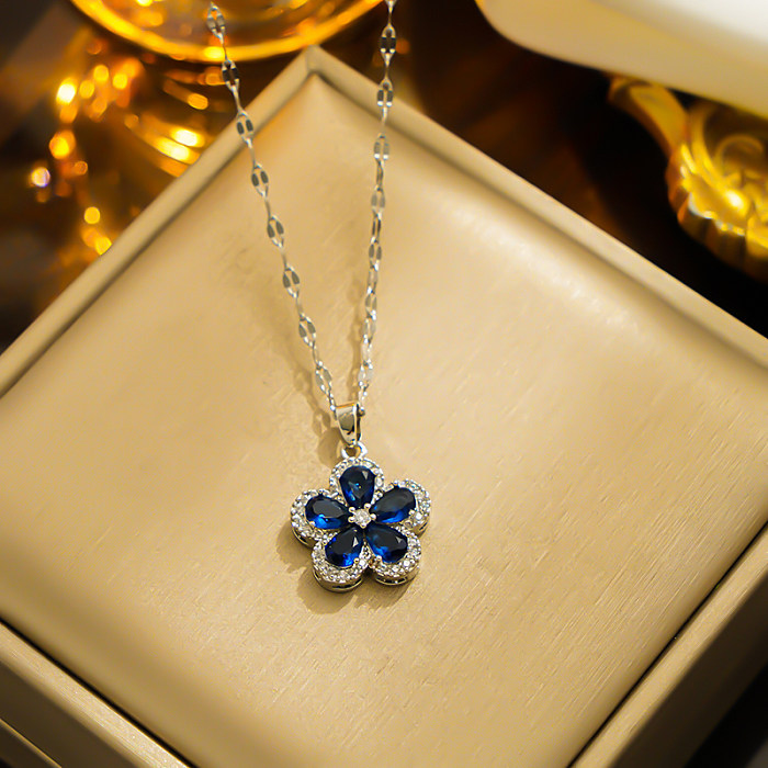 IG Style Sweet Flower Stainless Steel  Copper Plating Inlay Zircon 18K Gold Plated Pendant Necklace
