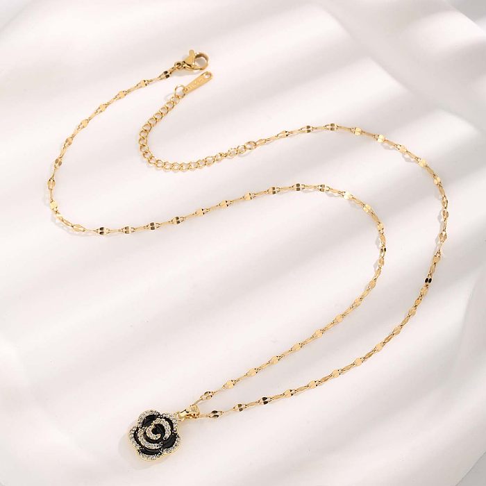 Elegant Glam Flower Petal Resin Stainless Steel Plating Inlay Zircon Gold Plated Pendant Necklace