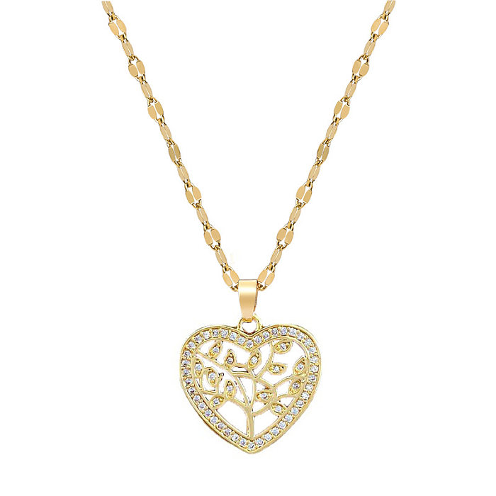 Sweet Heart Shape Stainless Steel  Copper Inlay Zircon Pendant Necklace