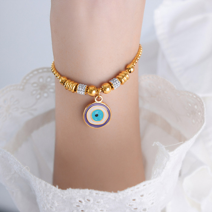 Luxurious Tropical Shiny Heart Shape Eye Titanium Steel Enamel Plating Inlay Zircon 18K Gold Plated Bracelets Drawstring Bracelets